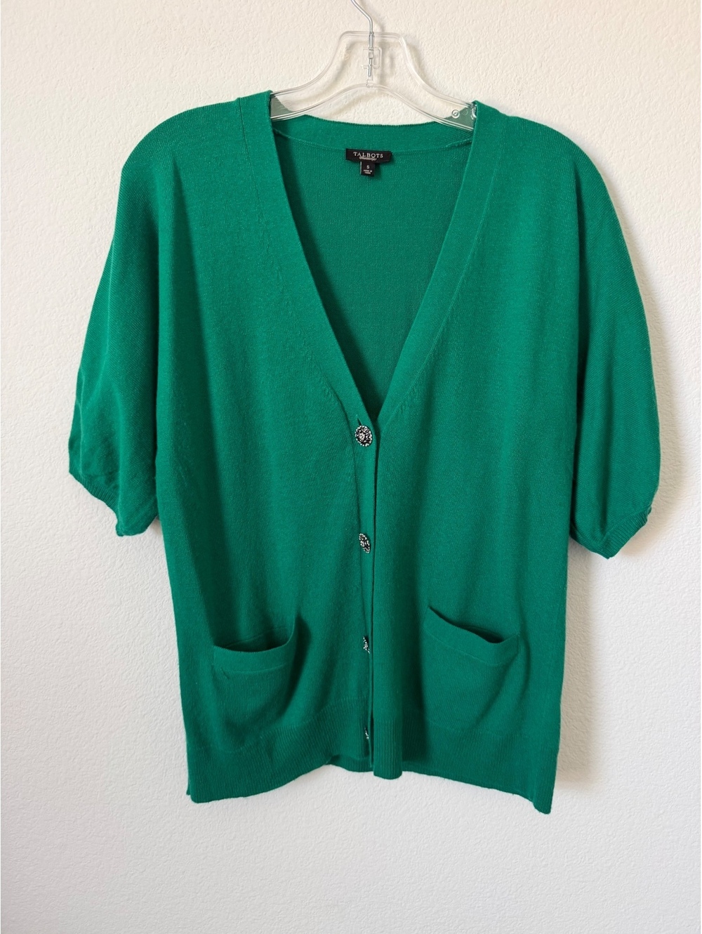 Talbots Short Sleeve Button Up V-Neck Pockets Wool Blend Cardigan Sweater Size S